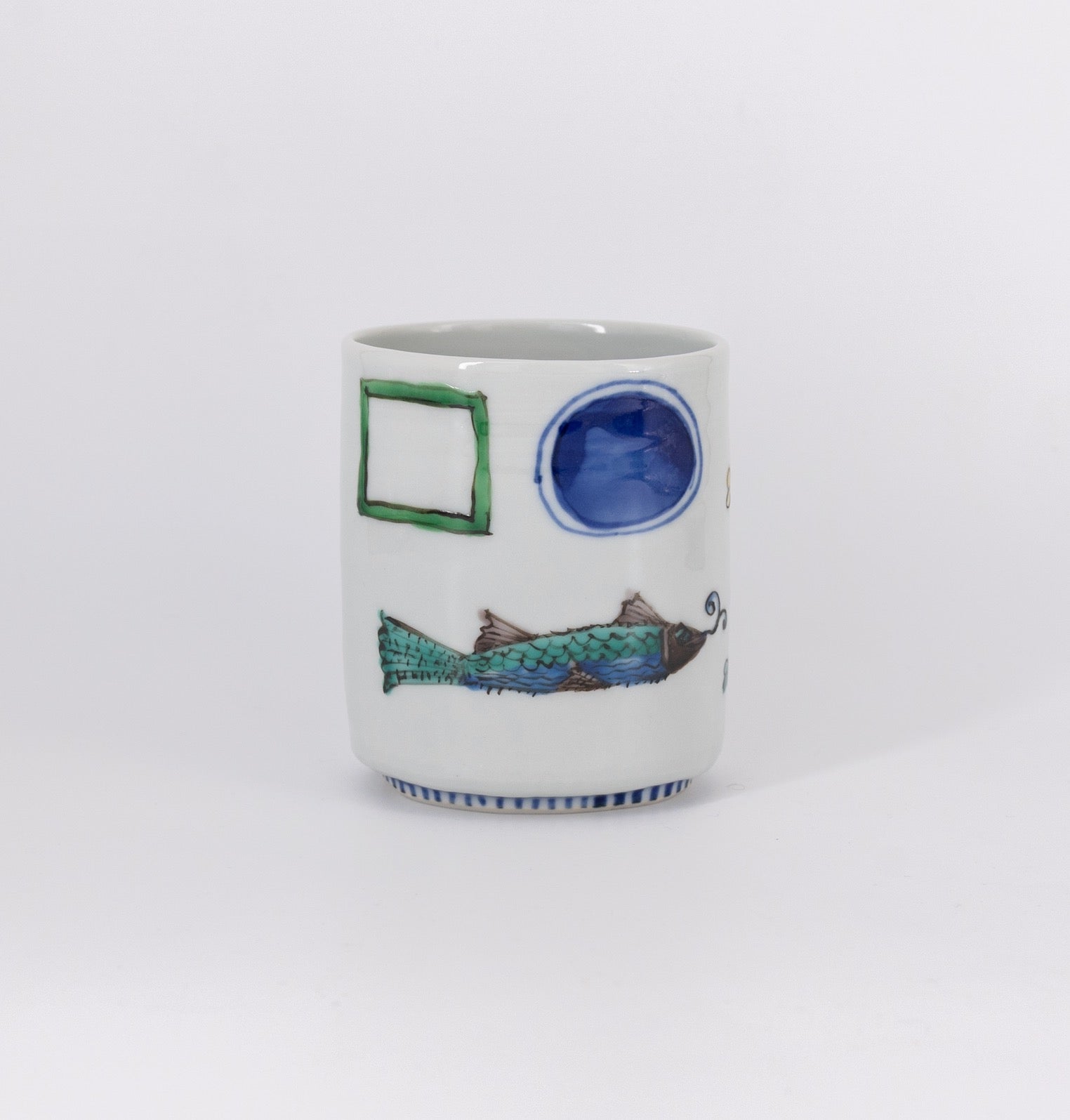 色絵染附 鳥魚文楕円筒