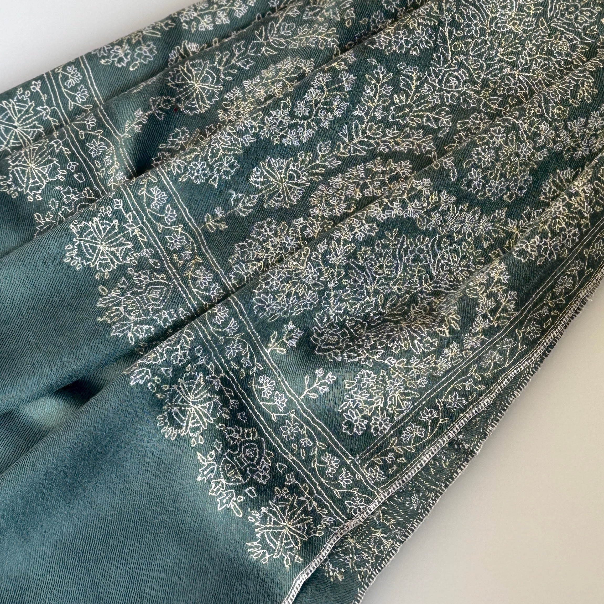 Sozni Paladar Pashmina Stole, Aqua Grey