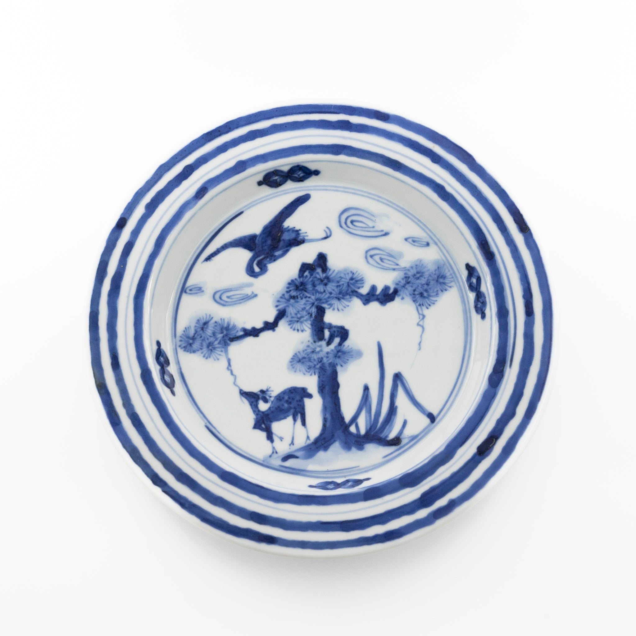 Blue and white porcelain bowl with pine, crane and deer design