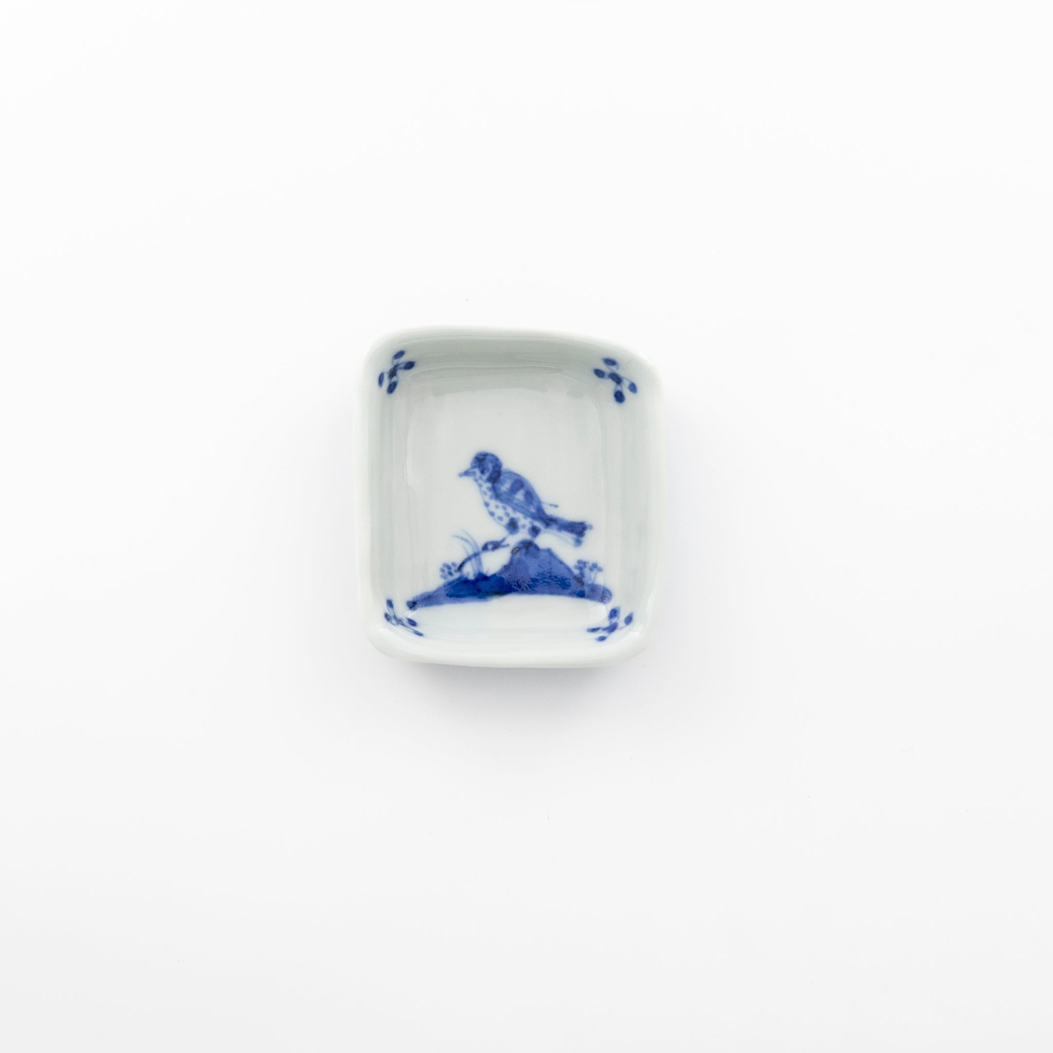 Blue and white square small dish with bird design