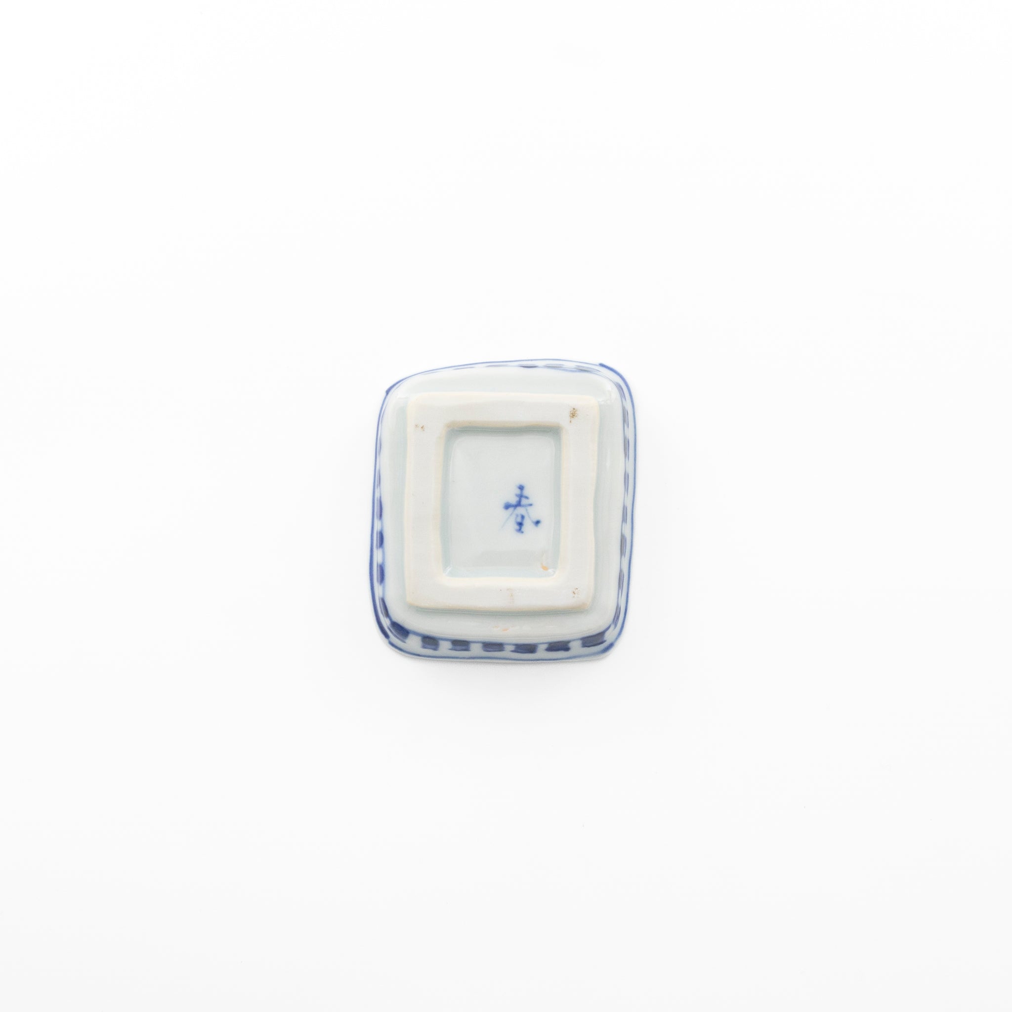 Blue and white square small dish with bird design