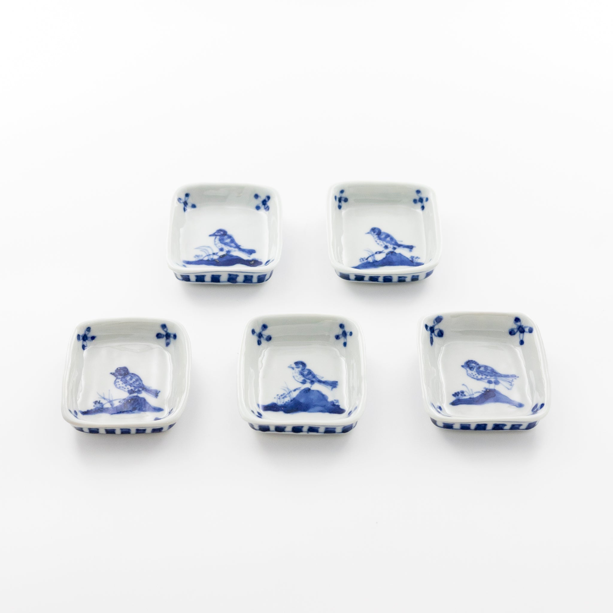 Blue and white square small dish with bird design