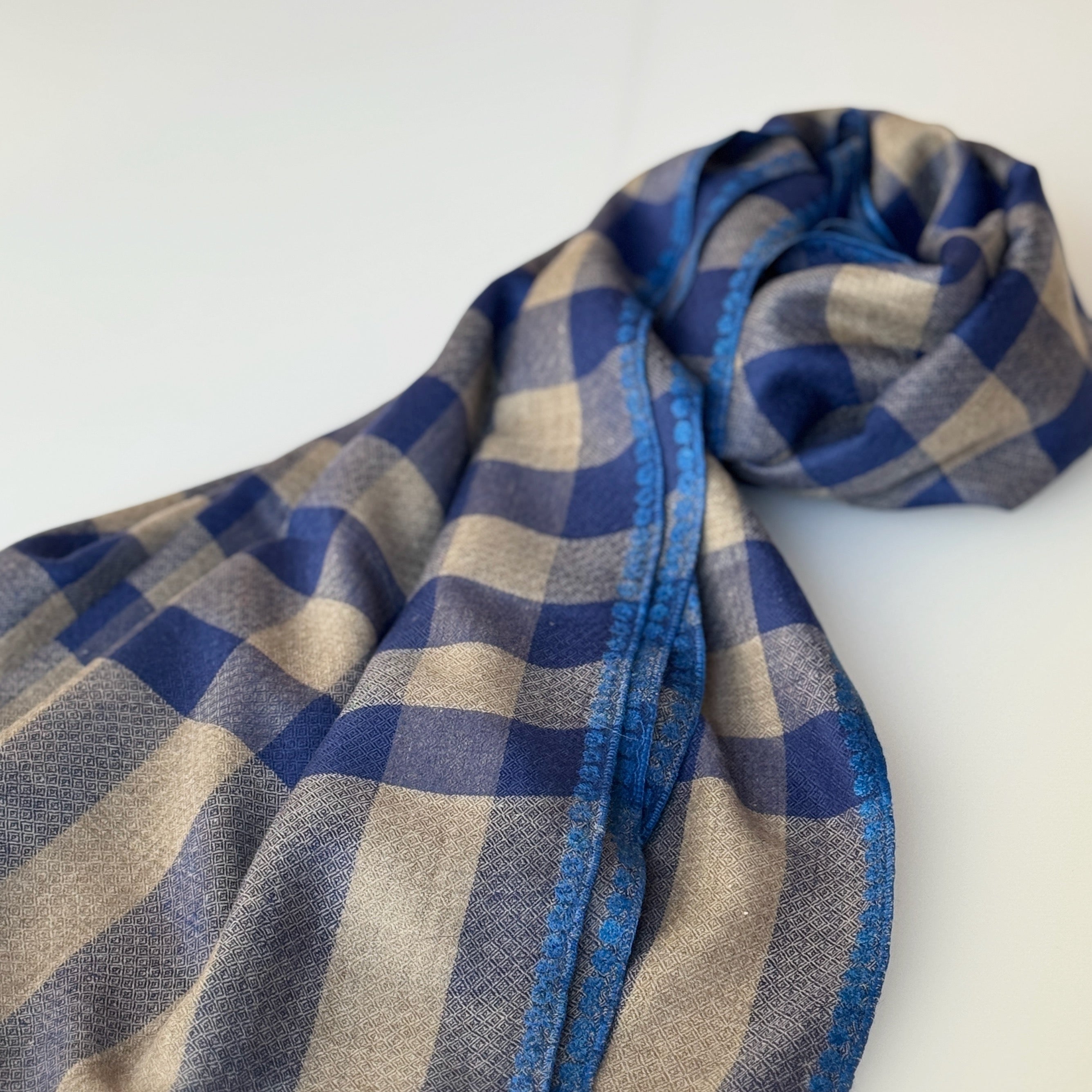 パシュミナストール　先染め　ソズニ・サイドライン　青・ベージュ