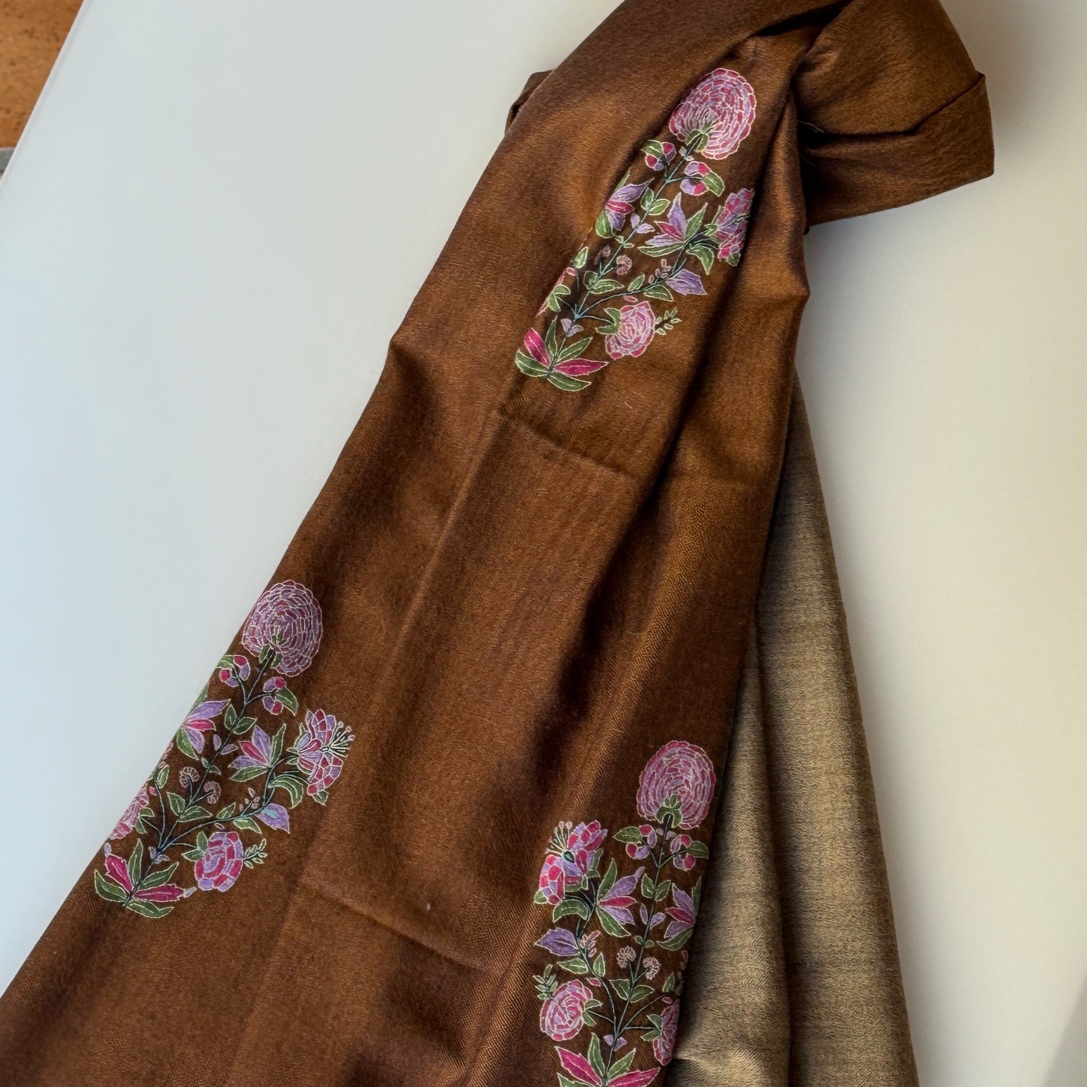 パシュミナストール　ソズニ　プティ　二重織　ブラウン