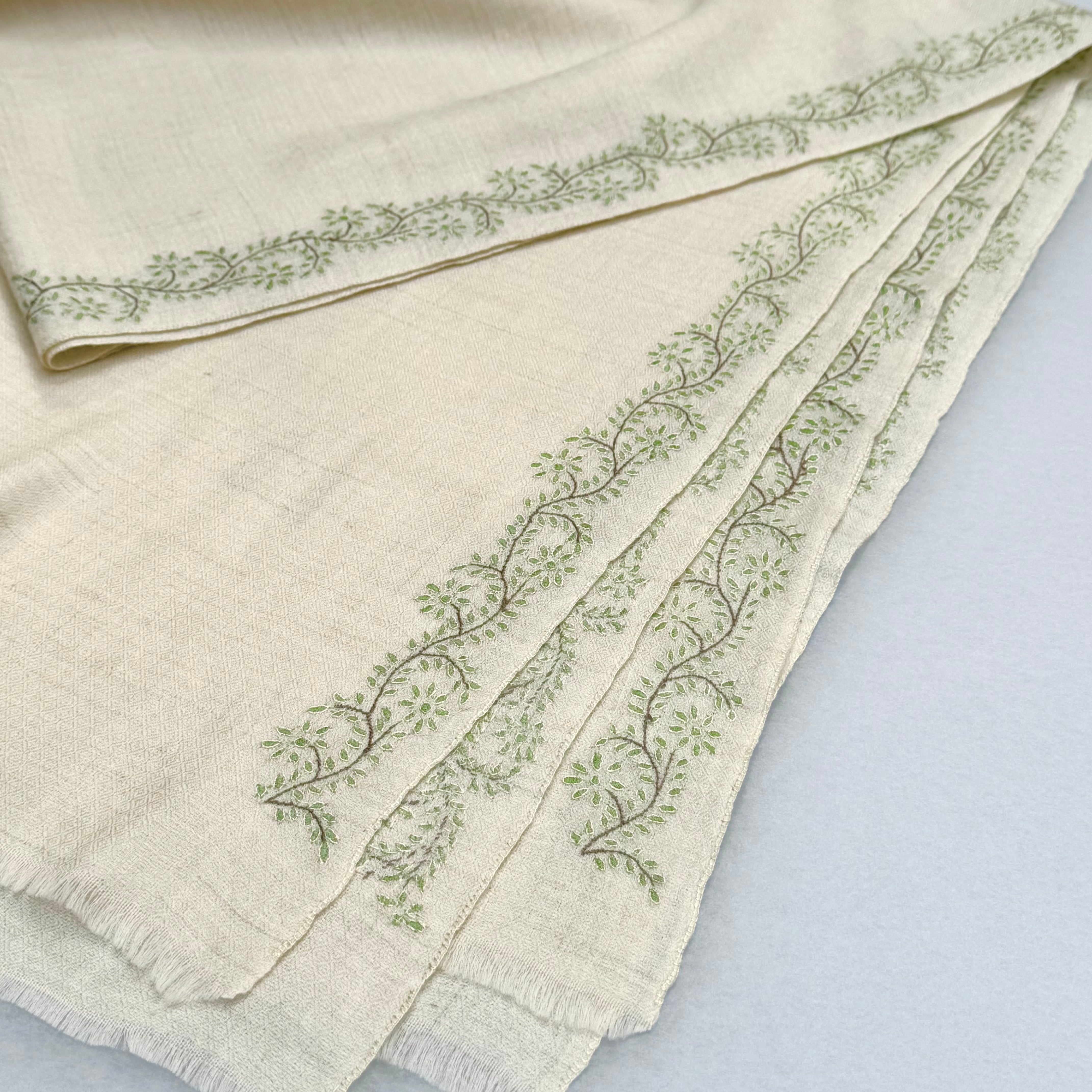 Sozni Pashmina Stole with Side Lines (Leaf) White